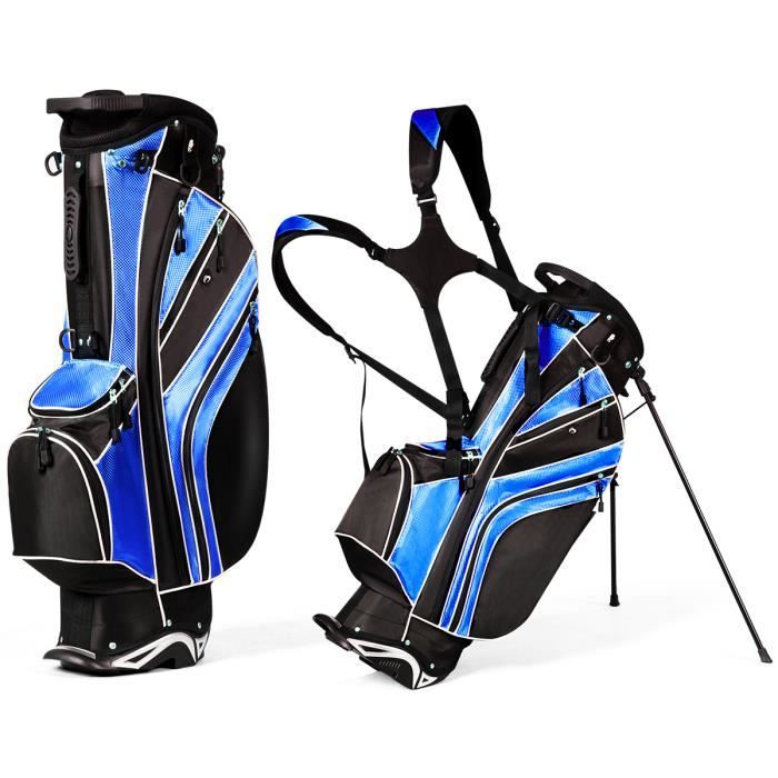 COSTWAY Sac de Golf Léger et Portable avec 5 Compartiments Poches Isothermes 7 Poches Bandoulière Porte-Ombrelle Noir et Bleu