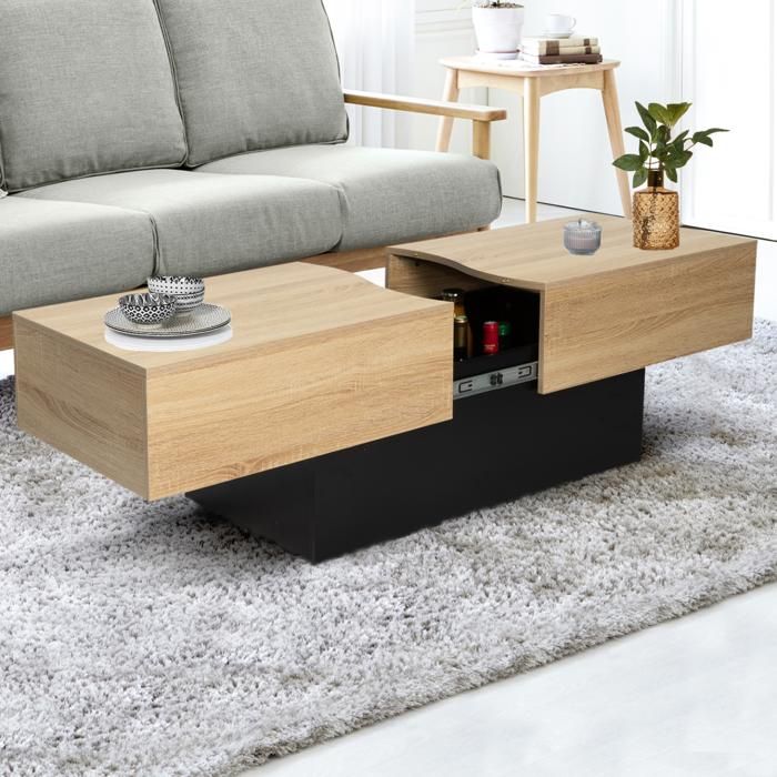 id market table basse coulissante marta bois noir et imitation hetre cdiscount maison