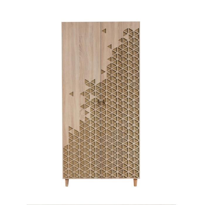 armoire penderie 2 portes infigo 90cm bois naturel motif triangles beige