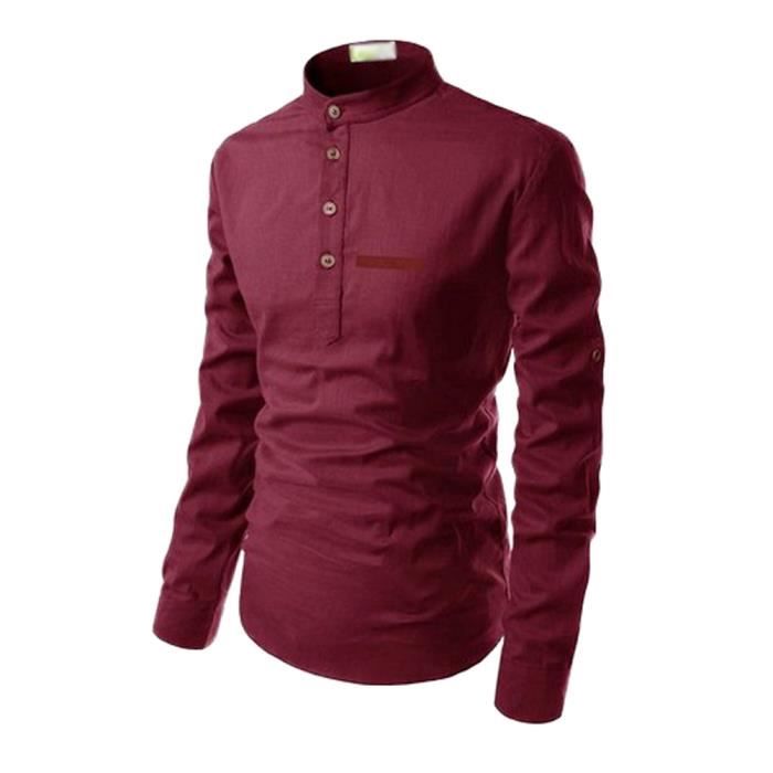 Minetom Homme Printemps Ete Chemise Manches Longues Demi Bouton Patte Boutonnage Roule Manches Col mao Henley Shirt Rouge Cdiscount Pret a Porter