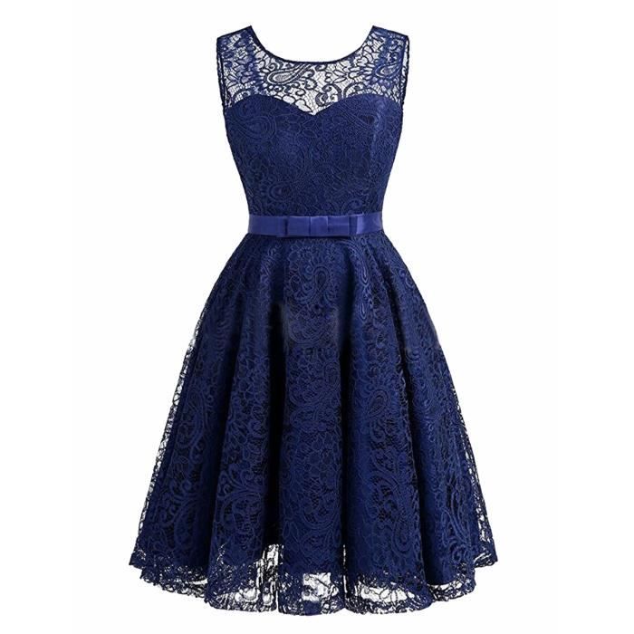 Bleu Royal Robe Demoiselle D Honneur Soiree Cocktail Mariee Col Round Dentelle Ruban De Satin Nœud Papillon Princesse Grande Taille Noir Achat Vente Robe De Ceremonie Cdiscount