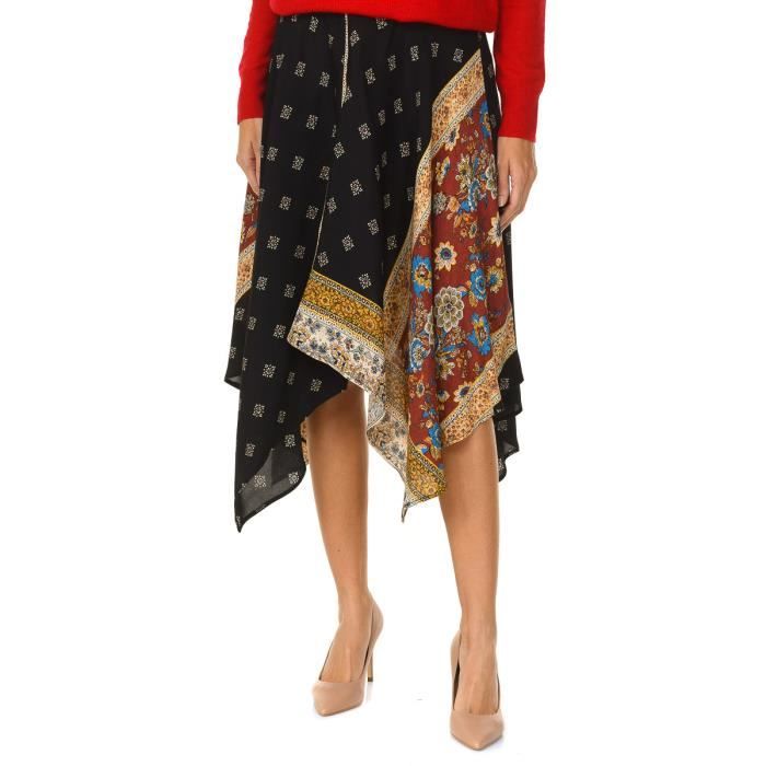 Jupe Maxi Asymétrique Imprimé Fleuri Noir Blanc Jaune - Taille 36/38, Marque Cubic, Neuf Sans étiquettes