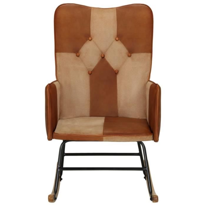 omabeta fauteuils à bascule - chaise à bascule marron cuir véritable et toile - meubles haut de gamme - m18501