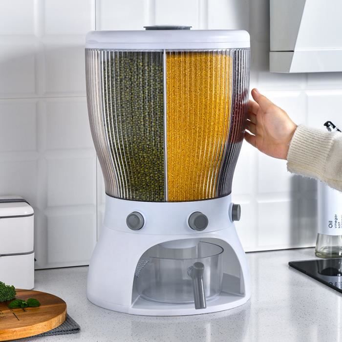 Distributeur Nourriture Rotatif - Seau Rangement Hermétique Pour Riz, Céréales - Cuisine Blanche