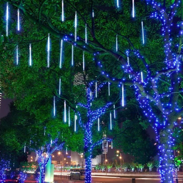 8pcs Tube LED étanche de 30 cm, lumière d'arbre suspendue à pluie bleue, guirlande lumineuse de douche météore de jardin extérieur