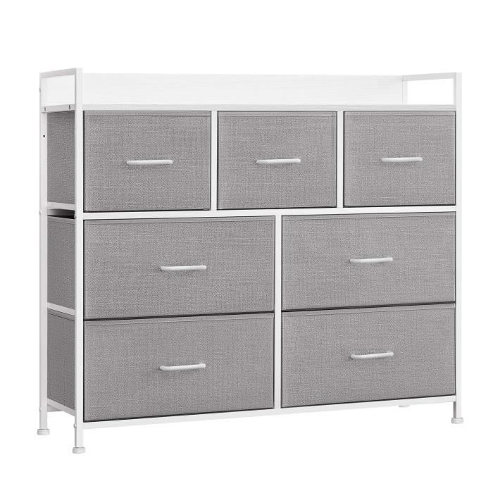commode de chambre, 7 tiroirs en tissu avec poignées, cadre en métal, style moderne, gris tourterelle et blanc nuage