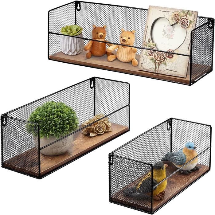 Lot De 3 étagères Murales En Bois Avec Paniers Métalliques - Design Pratique Pour Salon, Cuisine, Salle De Bain