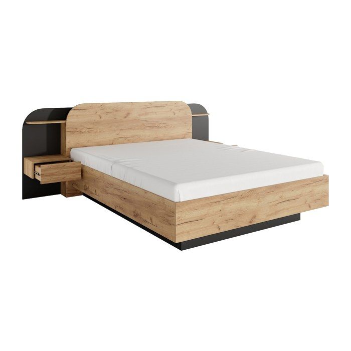 Lit avec chevets 160 x 200 cm - Avec LEDs - Coloris : Naturel et noir - JUVISIA