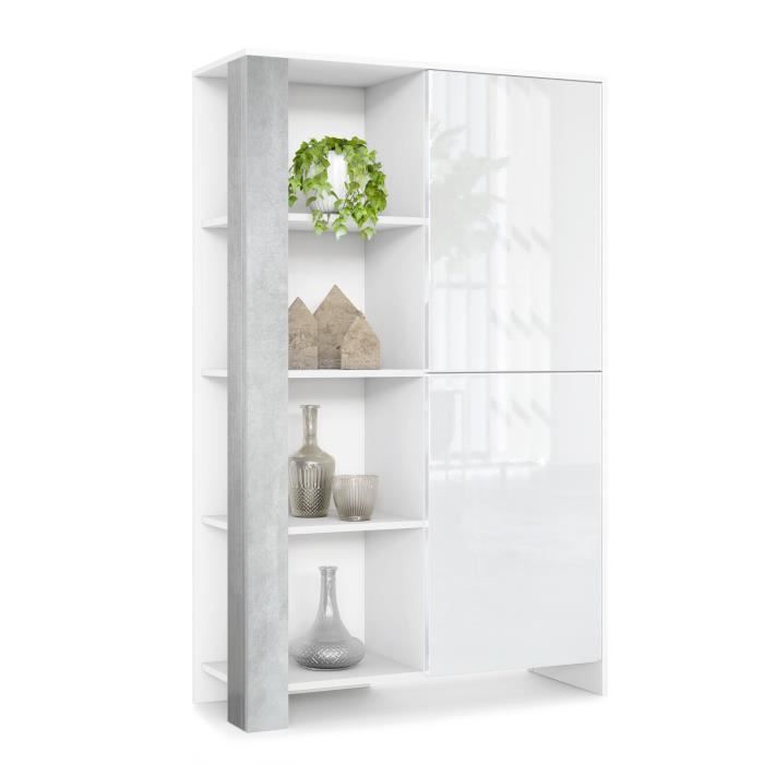 Buffet Haut Canto meuble haut avec 2 portes et 8 compartiments blanc mat-blanc brillant-aspect béton oxyde (95 x 151 5 x 36 cm)