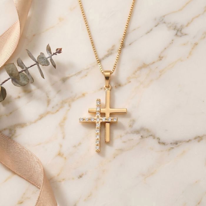 Collier Femme Avec Pendentif Croix Lisse En Plaqué Or Jaune 750/1000 - Longueur 45 Cm - Neuf Avec étiquettes