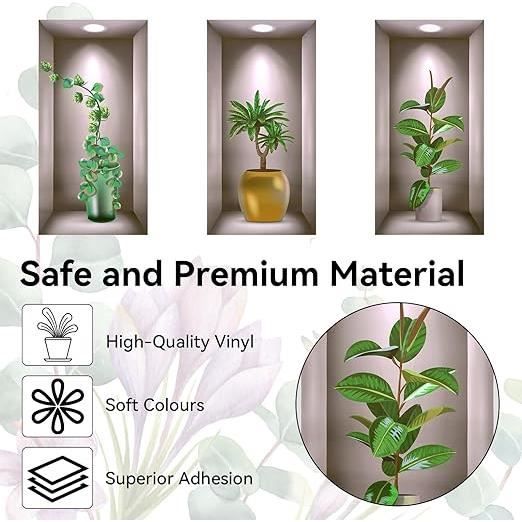 Lot De 3 Stickers Muraux 3D - Vases Et Plantes Vertes - Déco Salon, Chambre, Bureau - Facile à Poser
