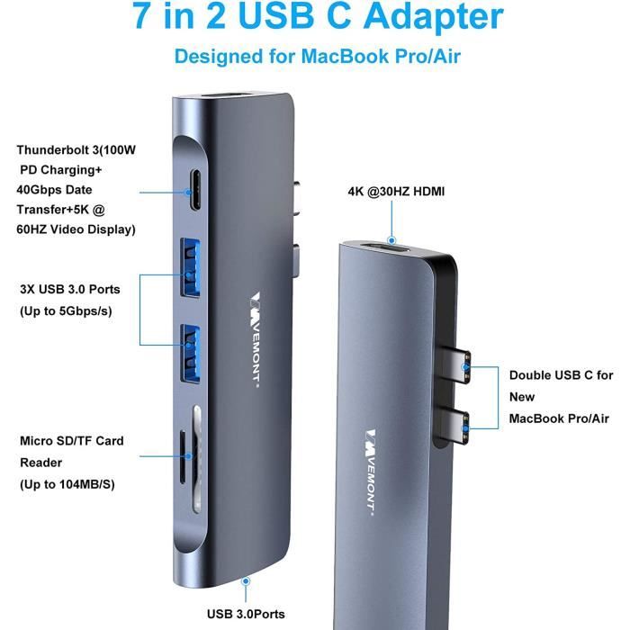 Hub USB C pour MacBook Pro-Air, 7 en 2 Type C Adaptateur avec Thunderbolt 3  PD 100W, 4K HDMI, 3 * USB 3.0, Lecteur de Carte [254] - Cdiscount  Informatique