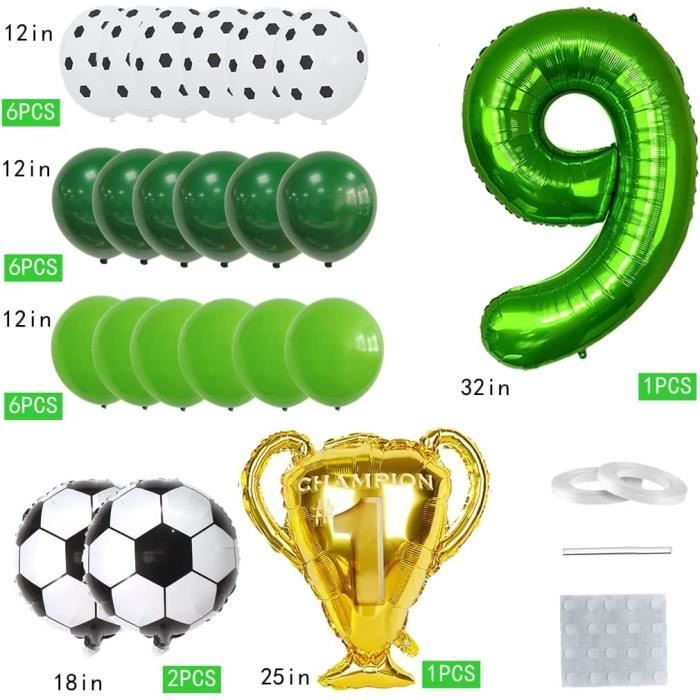Décorations de ballons de football pour le 9e anniversaire pour les  garçons, feuille de football gonflable Mylar Green Numéro 9 Ensemble de  ballons pour les fournitures de fête à thème de la