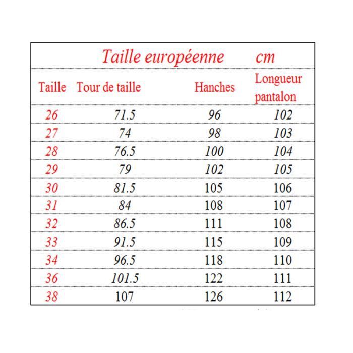 Taille 29 hotsell jean homme correspondance