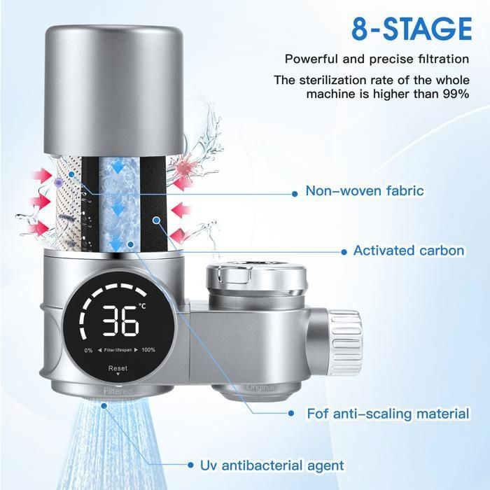 Filtre à Eau Robinet Avec Affichage LED Et Lumière UV Bleue - Élimine Chlore, Métaux Lourds & Odeurs Pour Une Eau Pure