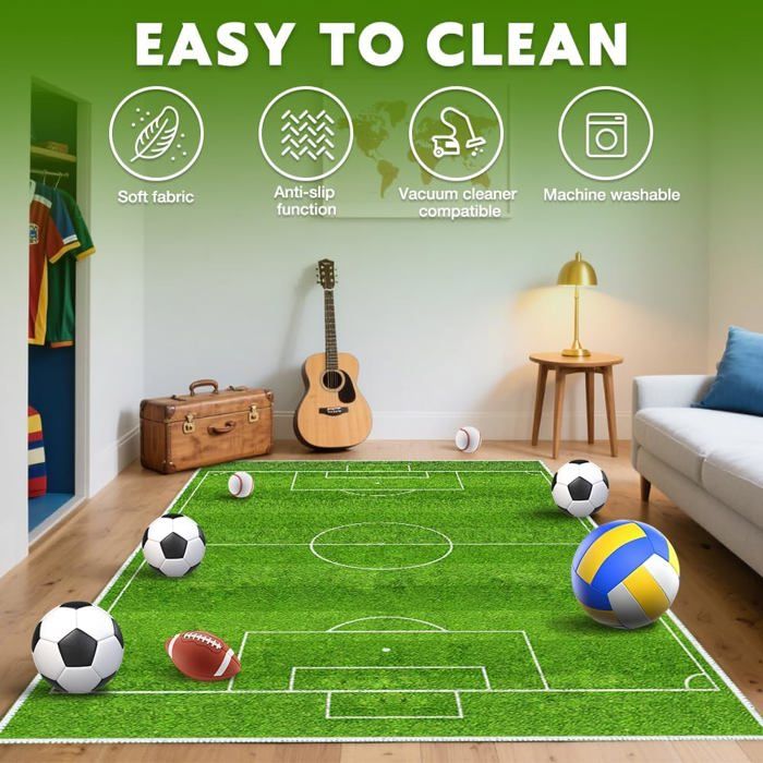 Tapis Foot 80x120 Cm Chambre Enfant Garçon - Antidérapant Peluche Terrain Football Décor