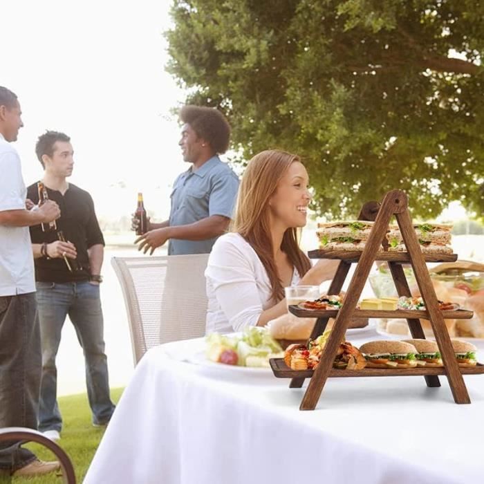 Plateau De Service Rond à 2 Niveaux En Bois - 33 Cm - Style Rustique - Pour Présenter Fruits, Cupcakes, Décoration