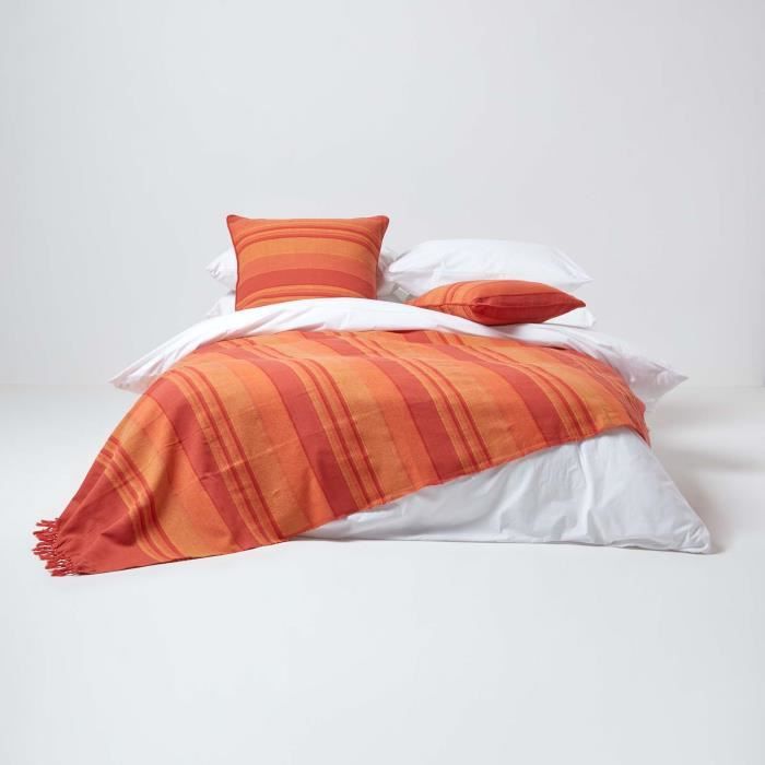 Dessus De Lit / Canapé Indien Fait Main – Rouge Orangé Brodé Miroirs, Coton épais