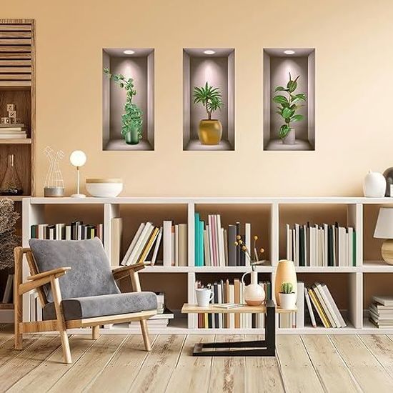 3 Pièces Stickers Muraux Vase 3D Plantes - Décoration Murale Salon Chambre - Effet Réaliste Anti-Imperfections