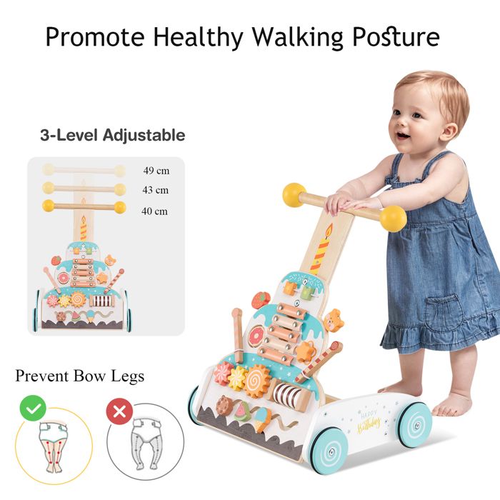 Chariot De Marche Bébé En Bois Multi-activités - Avec Jouets, Rangement, Hauteur Réglable, Stable, Pour 12 Mois Et Plus