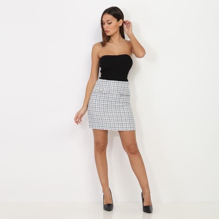 Jupe en tweed blanche LA MODEUSE poches decoratives boutons officier Blanc Cdiscount Pret a Porter
