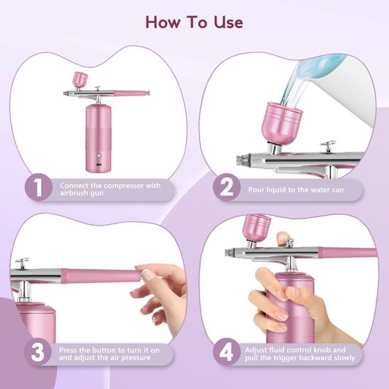 Joyeee Kit Aérographe Sans Fil Rechargeable – Pistolet Aérographe Portable 0.3 Mm Pour Gâteaux, Nail Art, Maquillage, Modélisme – Rose