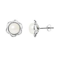 PERLINEA - Boucles d'Oreilles Fleur - Véritables Perles de Culture d'Eau Douce 8-9 mm Blanc Naturel - Argent 925 Millièmes - Bijoux