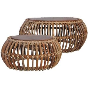 Lot de 2 Tables basses, Tables d'appoint, Tables gigognes - 70 x 30 cm - Style campagne chic - Rotin naturel