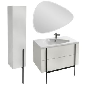 MEUBLE VASQUE - PLAN Meuble lavabo simple vasque 80 cm JACOB DELAFON Nouvelle Vague blanc brillant + colonne version gauche + miroir + pied
