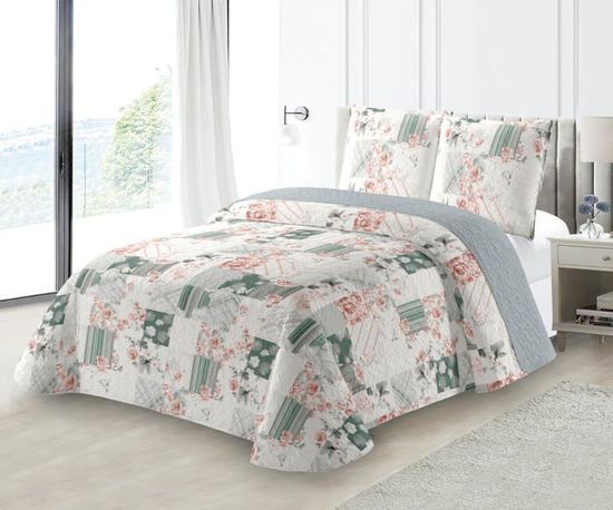 Autrefois Mimosa Lin Boutis Patchwork 230x250 Cm Avec 2 Taies D'oreiller 65x65 Cm, Couvre-lit