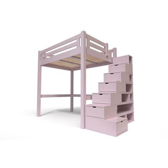 Lit Mezzanine Alpage bois + escalier cube hauteur réglable - ABC MEUBLES - 120X200 - Violet pastel - Bois massif