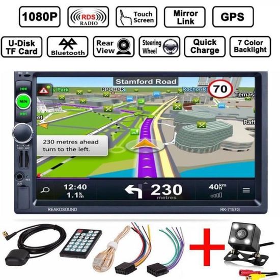 7''Autoradio GPS Bluetooth Navigation Voiture stéréo Lecteur MP5 Contrôle de l'écran tactile+Caméra de recul+8GB Carte SD+Câble
