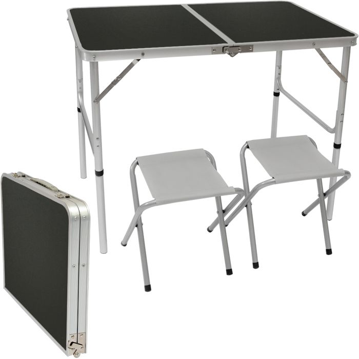 Table de Camping pliable réglable en hauteur 90x60x70cm incl 2 Tabourets pliants format mallette Gris Foncé