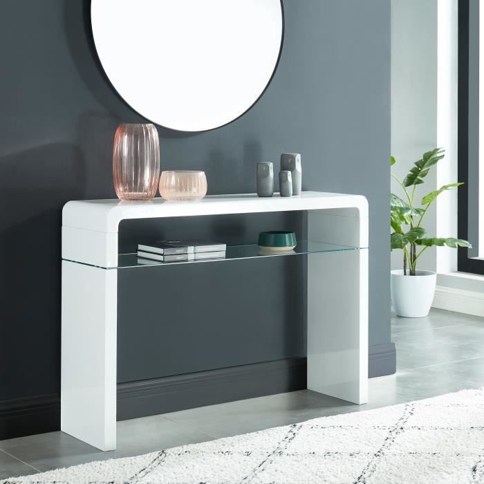 DARWIN Console - style contemporain - 1 étagère en verre trempé - laqué blanc brillant - L105cm