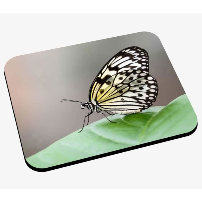 Tapis de Souris Papillon Noir, Rouge et Vert Anis Sur Fleur Jaune Champêtre Animaux