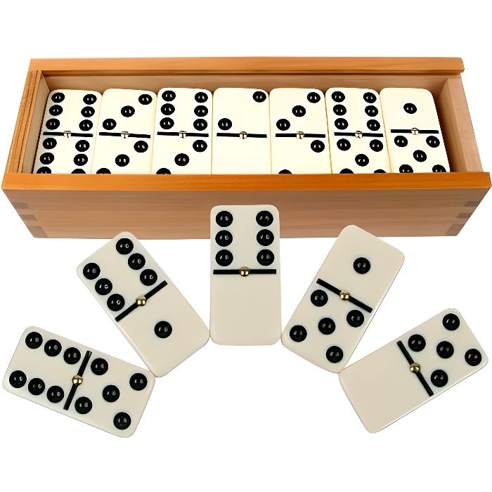 Jeu de dominos double six 28 pièces avec boite refermable en bois