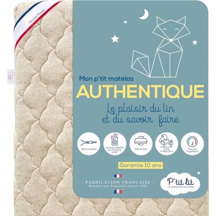 P'tit Lit - Matelas Bébé Authentique - 60x120 cm - Lin d'origine végétale : Naturellement Thermorégulateur - Sans traitement