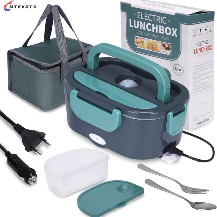 mtevotx lunch box chauffante, 1.5l portable gamelle chauffante, 60w boite a repas chauffante avec cuillère, fourchette, sac isolant