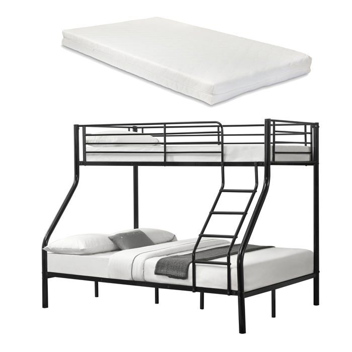 Lit superpose en Metal avec 2 Matelas Armature Massive pour 3 personnes 140 x 200 cm 90 x 200 cm Noir 03_0002730 Lit superpose en Metal avec 2 Matelas Armature Massive pour 3 personnes 140 x 200 cm 90 x 200 cm Noir 03_0002730