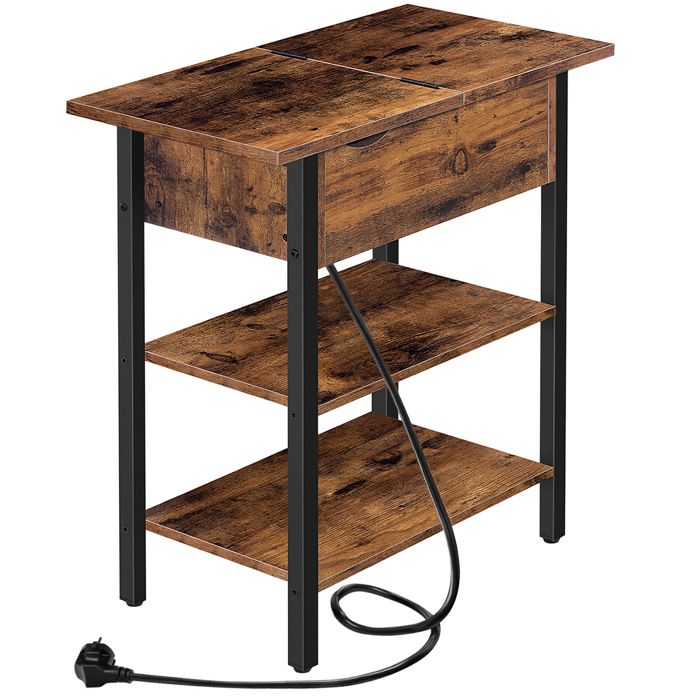 HOOBRO Table dAppoint Bout de Canapé Rabattable avec Multiprise et Étagères de Rangement Table de Chevet Fine Marron