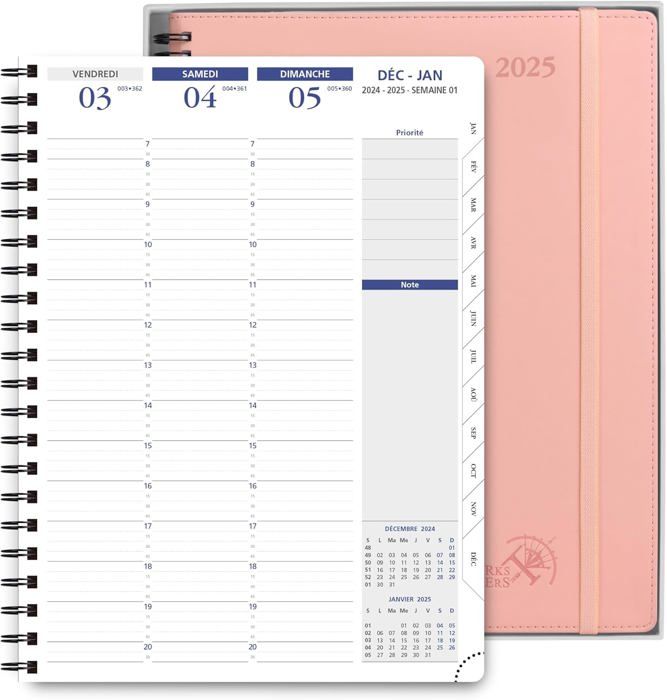 Agenda Semainier 2026 Format A4 (28.5x22.2 Cm) - Couverture PU Cuir Spirale - Pages 100 G/m² - Intervalles 15 Min - Janvier à Décembre