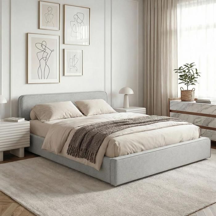 Lit double BELARTI 140x190 cm rembourré Revêtement en tissu Lit style moderne pour 2 personnes sommier inclus Gris clair