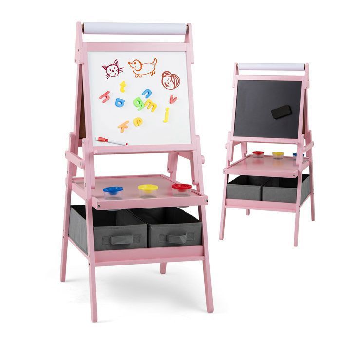 Tableau Enfant 3 en 1 - DREAMADE - Chevalet Enfant Double Face - Rouleau de Papier - 3 Pots de Peinture - 2 Boîtes en Tissu - Rose