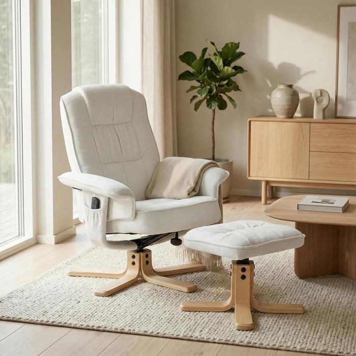 Fauteuil de relaxation CHALY avec repose-pieds pouf siège pivotant dossier inclinable assise rembourrée relax en tissu blanc Fauteuil de relaxation CHALY avec repose-pieds pouf siège pivotant dossier inclinable assise rembourrée relax en tissu blanc
