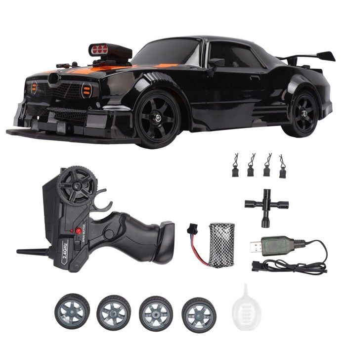 Voiture Télécommandée Drift 1:64 – 4WD Avec Phares LED, Motrices Et Direction Proportionnelle, Rechargeable USB-C, Idéale Pour Adultes Et Enfants (Noir)