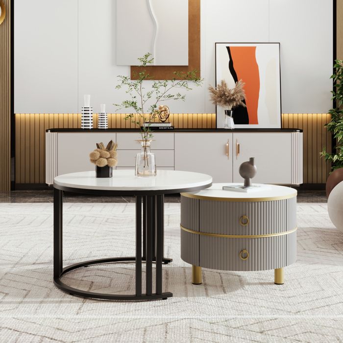 Table Basse Salon Ronde Blanche Crème - Ensemble 2 Tables (70 Cm + 50 Cm) - Style Minimaliste, Plateau Bois, Piètement Métal - 3