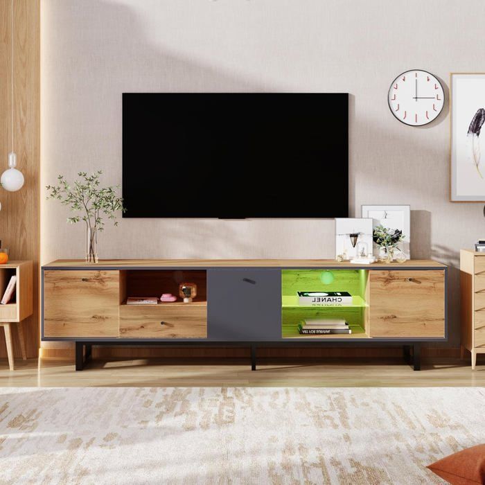 Armoire TV avec LED Eclairage 3 Portes Etagère en Verre Meuble de Salon Style Industriel 190x40x50 cm