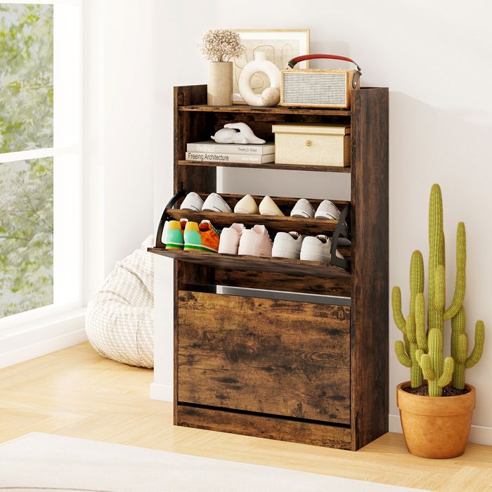COSTWAY Meuble a Chaussure avec 2 Tiroirs Abattants Rangement Ouvert Étagère à Chaussures pour Entrée Couloir Hall Salon COSTWAY Meuble a Chaussure avec 2 Tiroirs Abattants Rangement Ouvert Étagère à Chaussures pour Entrée Couloir Hall Salon
