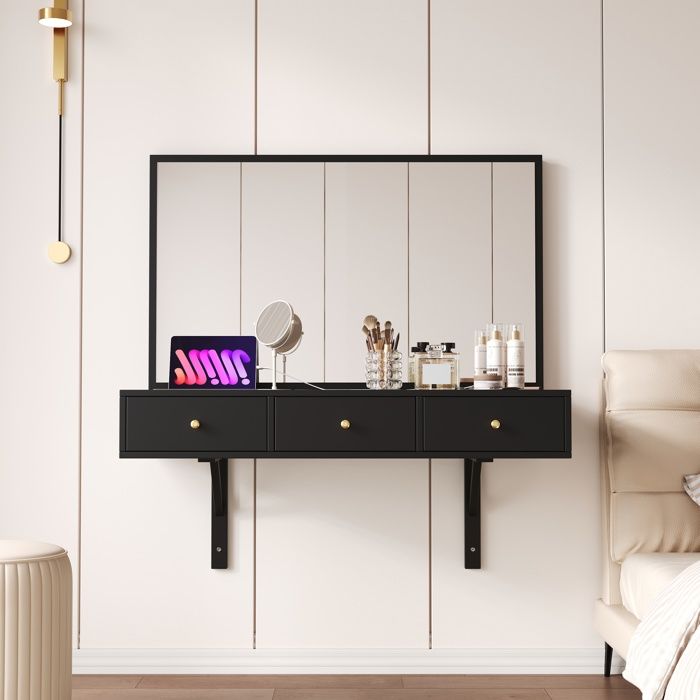 Coiffeuse murale avec miroir3 tiroirs et prises intégréessupport pour tabletteporte-verres100×105×45 cmNoir