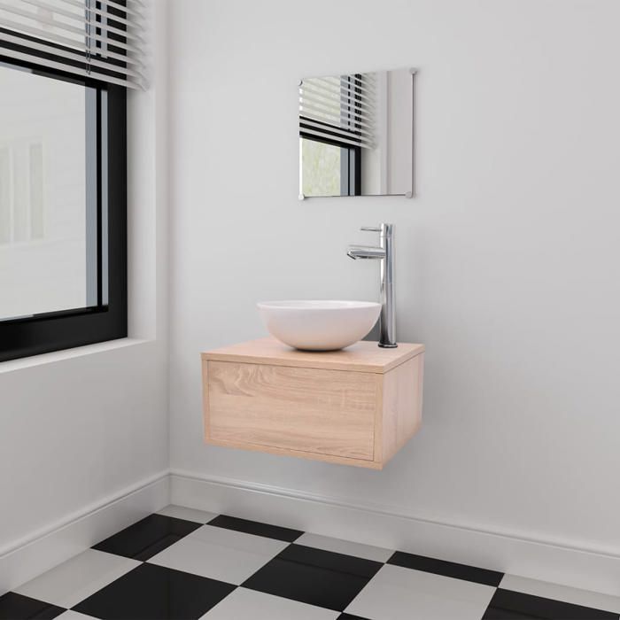 Ensemble meuble de salle de bain - vidaXL - 4 pièces - Beige - Lavabo en céramique - Mitigeur chromé - Miroir 30x30 cm